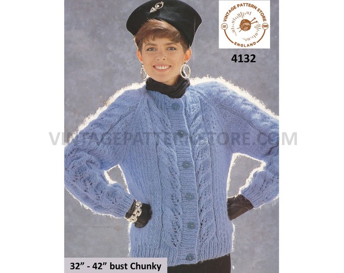 Ladies Womens 90s round neck leaf cable cabled chunky knit dolman cardigan jacket pdf knitting pattern 32" to 42" Instant PDF Download 4132