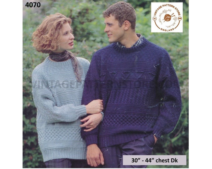 Ladies Womens Mens 90s round neck cabled cable panel drop shoulder dolman DK sweater jumper pdf knitting pattern 30" to 44" Download 4070