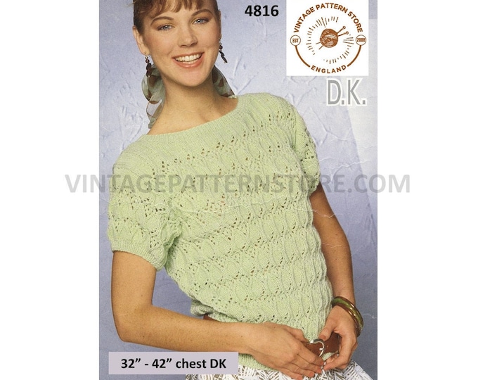 Ladies Womens 90s DK cable and lace lacy round neck short sleeve Summer sweater jumper pdf knitting pattern 32" to 42" Download 4816