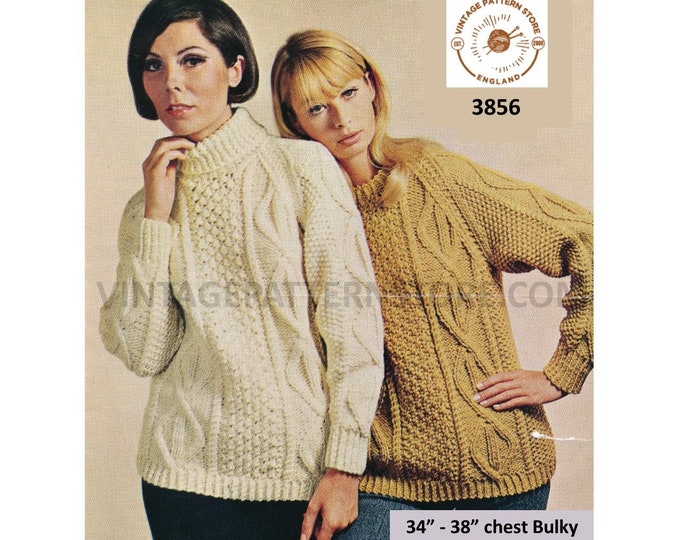 Ladies Womens 70s vintage crew polo neck cable cabled bulky knit raglan sweater jumper pdf knitting pattern 34" to 38" Instant download 3856