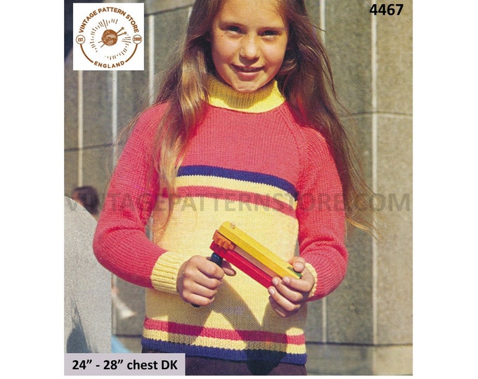 Girls 70s vintage easy to knit DK polo neck turtleneck striped raglan sweater jumper pullover pdf knitting pattern 24" to 28" Download 4467