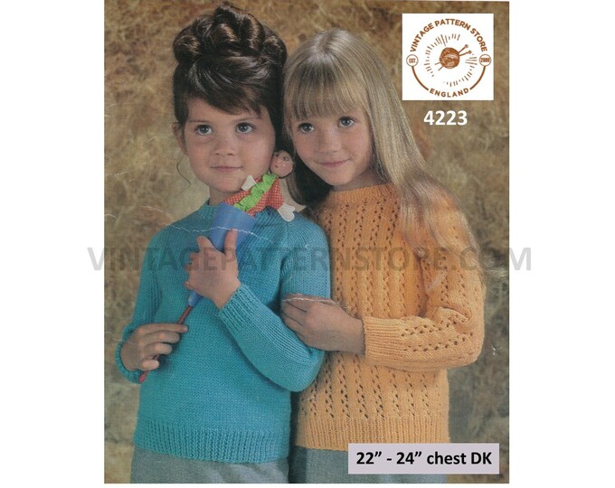 Girls 60s vintage DK round neck easy to knit and lacy striped raglan sweater jumper pdf knitting pattern 22" to 24" chest Download 4223