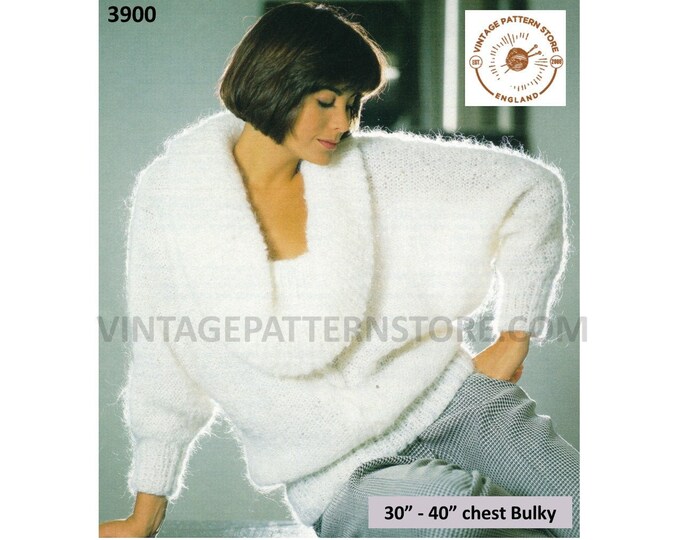 Ladies Womens 90s cowl neck slouchy bulky knit cable cabled batwing sweater jumper pdf knitting pattern 30" to 40" chest PDF download 3900