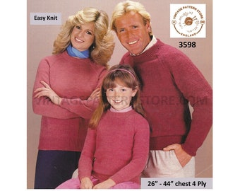 80s Family Sweater Knitting Pattern, Round Neck 4 Ply 26-44" Chest (PDF Pattern)