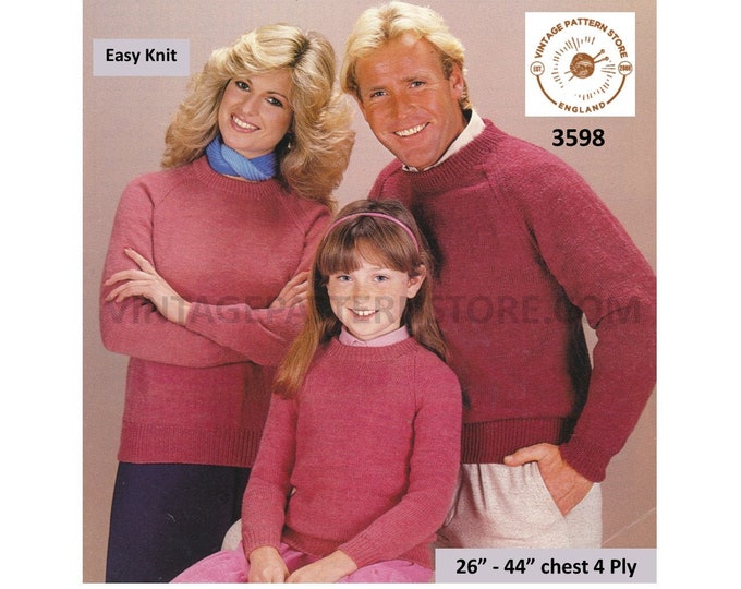 Ladies Womens Mens Boys Girls 80s family plain & simple easy to knit round neck 4 ply sweater pdf knitting pattern 26" to 44" download 3598