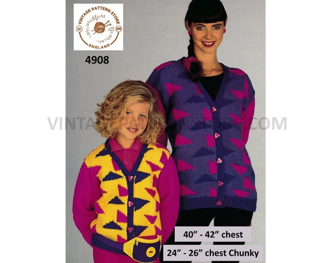 Ladies Womens Girls 90s V neck colour blocked drop shoulder intarsia dolman cardigan pdf knitting pattern 24" to 42" Instant Download 4908