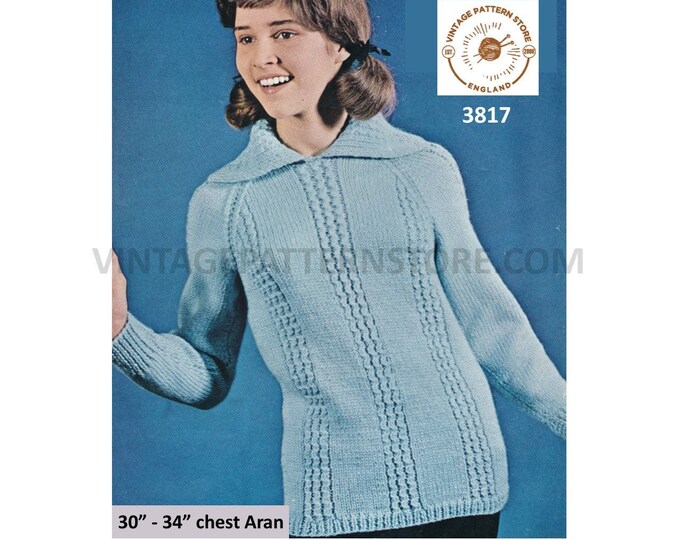 Girls 70s vintage wide collared cable panel cabled raglan aran sweater jumper pullover pdf knitting pattern 30" to 34" chest download 3817