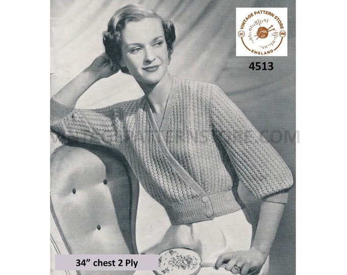Ladies Womens 30s vintage 2 ply V neck crossover lacy short sleeve raglan bed jacket bedjacket pdf knitting pattern 34" Bust Download 4513