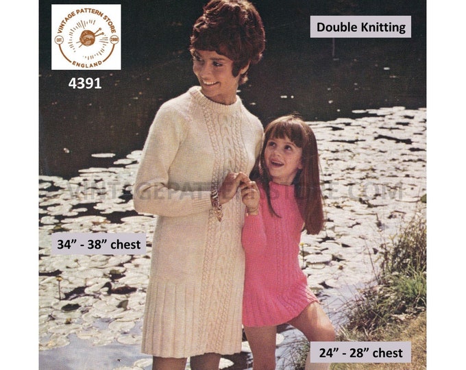 Ladies Womens Girls 60s vintage crew neck cable cabled midi sweater dress PDF knitting pattern 24" to 28" & 34" to 38" chest Download 4391