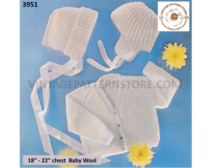 Baby Babies 70s vintage easy to knit DK V neck raglan cardigan bonnet & helmet pdf knitting pattern 18" to 22" instant PDF download 3951