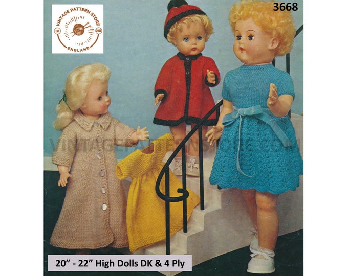 70s Vintage 20" 22" 4 ply and DK dolls clothes lacy & yoked dress dressing gown coat and hat pdf knitting pattern Instant PDF download 3668