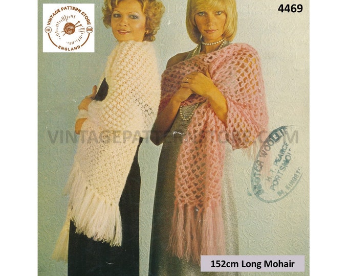 Ladies Womens 70s vintage large bold lace fringed lacy mohair shawl wrap pdf knitting and crochet pattern 60" Long PDF Download 4469