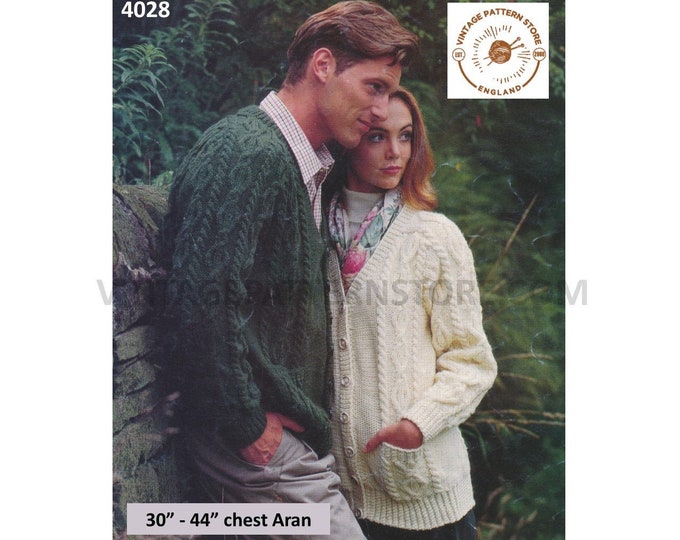 Ladies Womens Mens 90s V neck cable cabled raglan aran cardigan with pockets pdf knitting pattern 30" to 44" chest Instant PDF download 4028