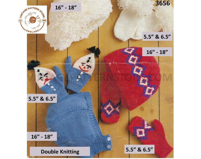 Girls Boys 80s DK fair isle banded cap loopy edge hat and fun novelty mittens hat hemet balaclava pdf knitting pattern Instant download 3656