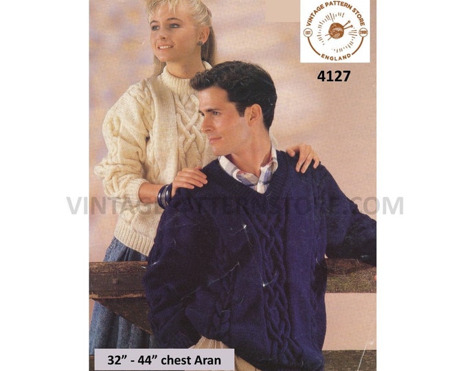 Ladies Womens Mens 90s crew V neck Celtic cable cabled drop shoulder dolman aran sweater pdf knitting pattern 32" to 44" PDF download 4127