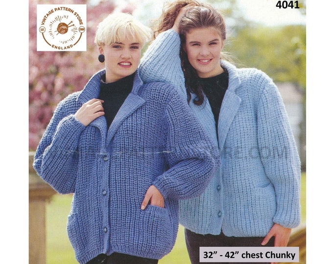 Ladies Womens 90s chunky quick simple & easy to knit ribbed rib slouchy dolman cardigan jacket pdf knitting pattern 32" to 42" download 4041