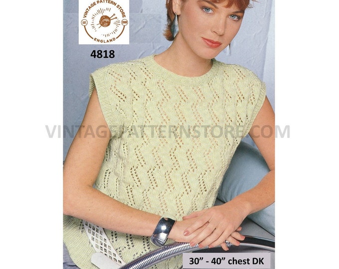 Ladies Womens 90s DK round neck cap sleeve eyelet lace lacy slipover sweater vest Summer top pdf knitting pattern 30" to 40" Download 4818