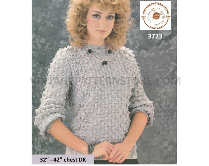 Ladies Womens 80s vintage DK round neck bobble cable cabled raglan sweater jumper pdf knitting pattern 32" to 42" Instant PDF download 3723