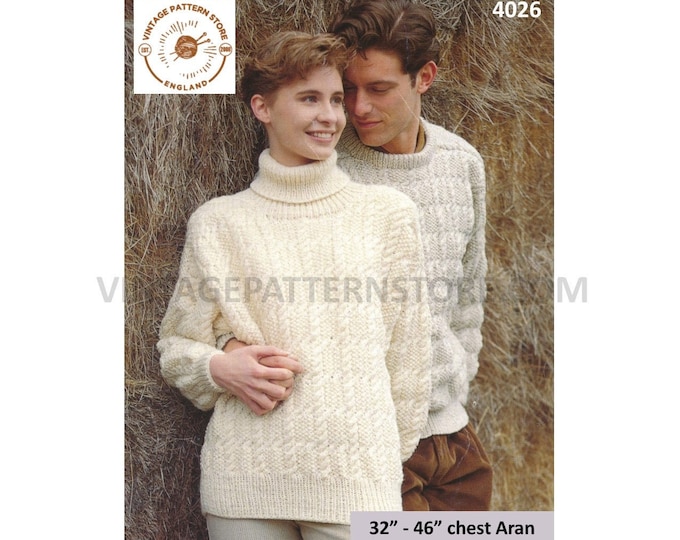 Ladies Womens Mens 90s crew or polo neck drop shoulder cable cabled dolman aran sweater jumper pdf knitting pattern 32" to 46" Download 4026