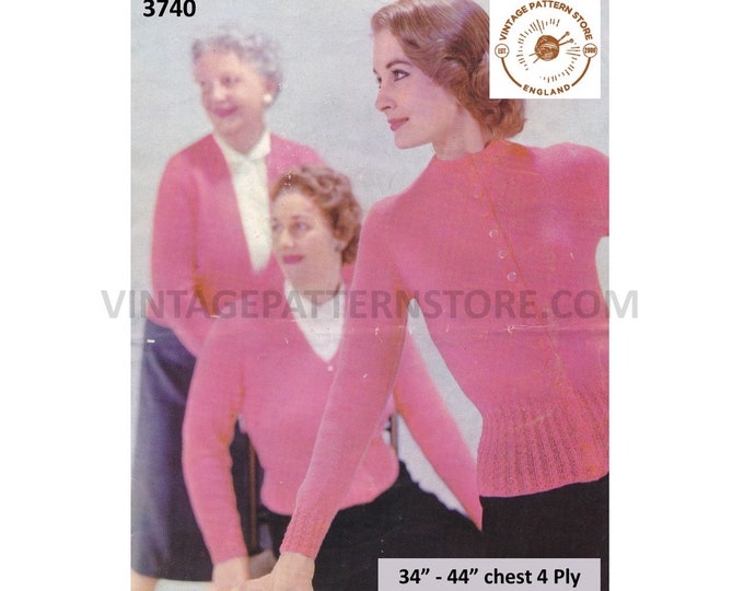Ladies Womens 50s vintage 4 ply easy to knit round or V neck cable cabled welt raglan cardigan pdf knitting pattern 34" to 44" Download 3740