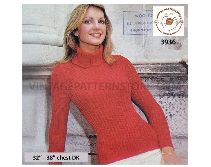 Womens 70s vintage skinny rib ribbed lacy scallop edge polo neck DK raglan sweater jumper pdf knitting pattern 32" to 38" Download 3936