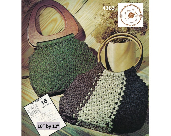 70s vintage macrame hand bag purse pdf macrame pattern 2 designs with easy fit to multiple handles 16" by 12" Instant PDF Download 4363