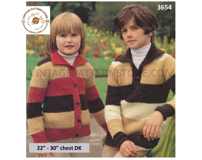 Boys Girls 80s easy to knit striped raglan DK cardigan and shirt neck sweater jumper pdf knitting pattern 22" to 30" Instant download 3654