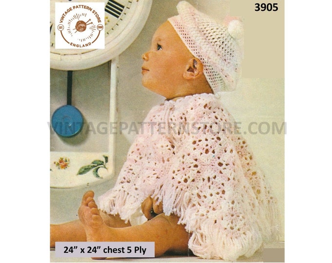 Baby Babies 70s vintage easy to crochet lacy lace fringed poncho and beret hat pdf crochet pattern 24" x 24" Instant download 3905