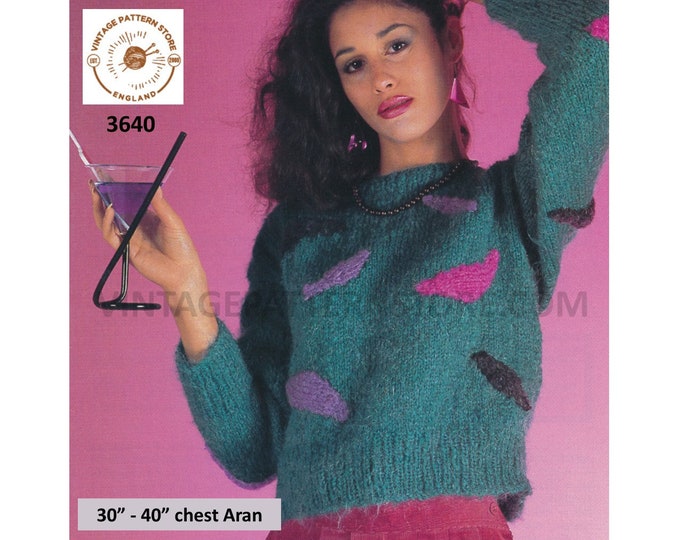 Ladies Womens 80s round neck easy to knit aran or mohair sweater jumper with applique patches pdf knitting pattern 30" to 40" Download 3640