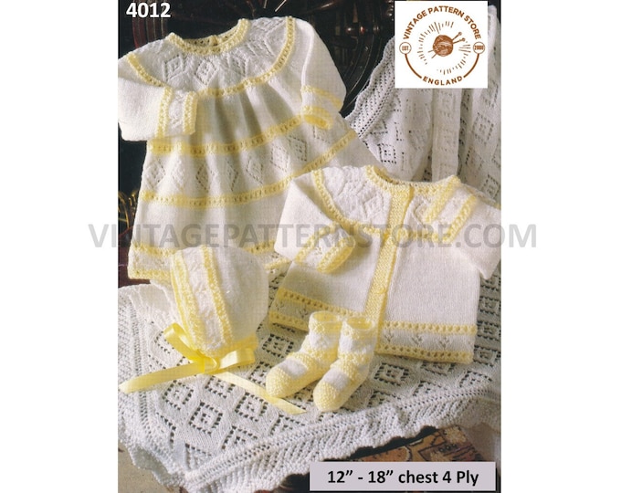 Premature preemie baby babies 4 ply lacy dress matinee jacket coat bonnet booties shawl pdf knitting pattern 12" to 18" Download 4012