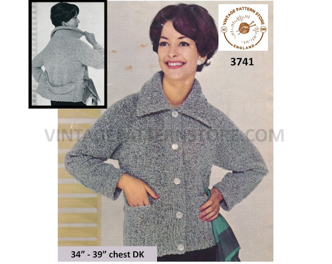 Ladies Womens 50s vintage collared back belted DK dolman jacket coat with pockets pdf knitting pattern 34" to 39" Instant PDF download 3741