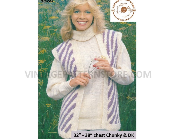 Ladies Womens 80s DK diagonal striped cap sleeve waistcoat & chunky knit polo neck sweater pdf knitting pattern 32" to 38" Download 3584