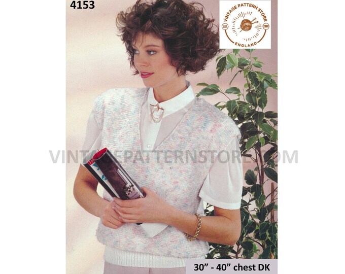 Ladies Womens 90s simple and easy to knit V neck cap sleeve slipover sweater vest Summer top pdf knitting pattern 30" to 40" Download 4153