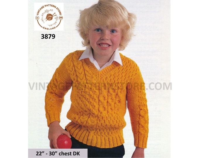Boys 90s DK V neck cable cabled raglan sweater jumper pullover pdf knitting pattern 22" to 30" chest Instant PDF download 3879