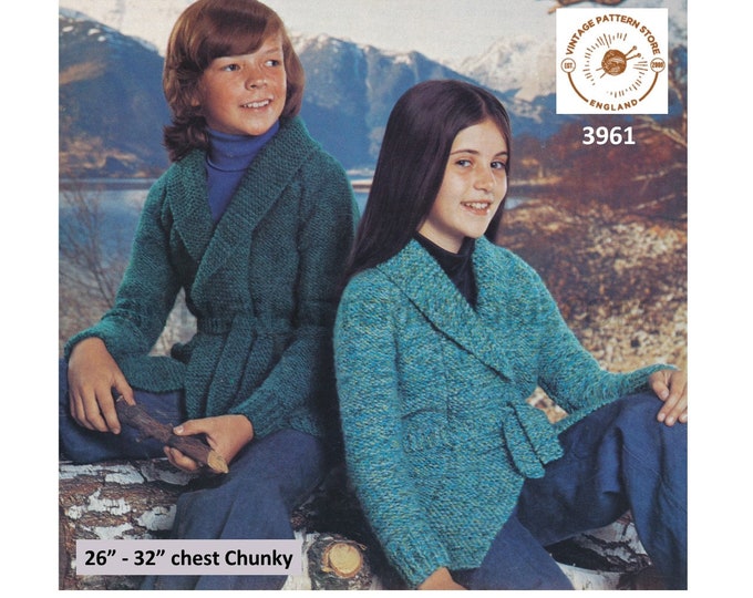 Girls Boys 70s vintage easy to knit shawl collar belted crossover chunky knit jacket coat pdf knitting pattern 26" to 32" PDF download 3961