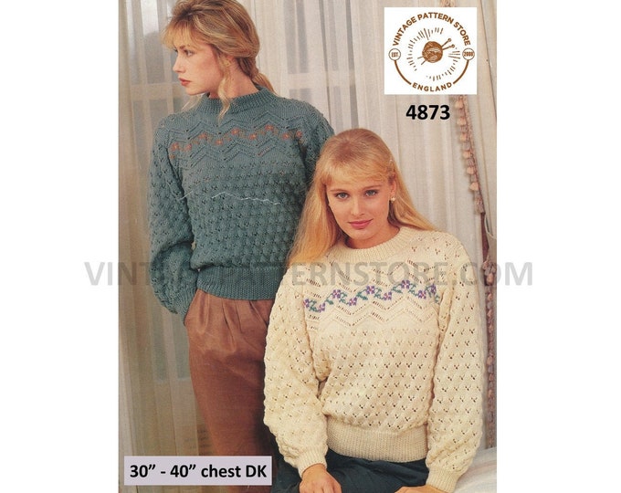 Womens 90s DK round neck eyelet lace lacy floral fair isle drop shoulder dolman sweater jumper pdf knitting pattern 30" to 40" Download 4873
