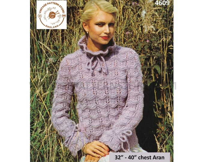 Ladies Womens 80s vintage frilly tie neck eyelet lace lacy raglan aran sweater jumper pdf knitting pattern 32" to 40" Download 4609