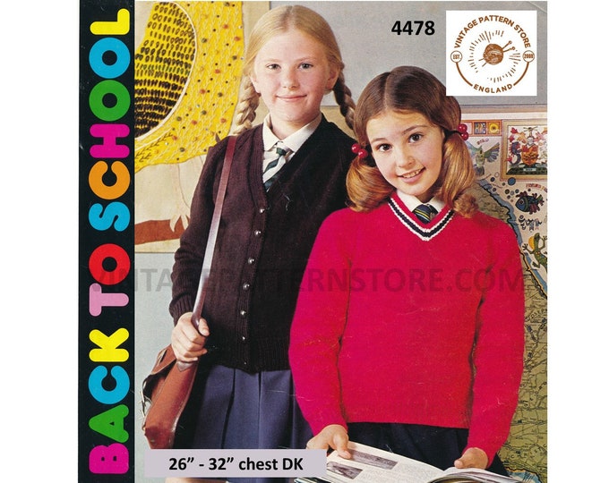 Girls 70s vintage plain and simple easy to knit V neck DK raglan school cardigan sweater pdf knitting pattern 26" to 32" Download 4478