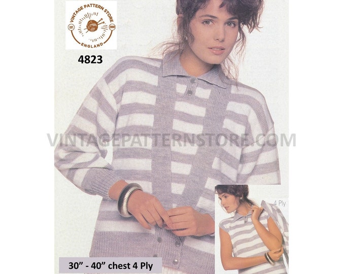 Womens 4 ply easy to knit striped shirt neck slipover & drop shoulder dolman cardigan twin set pdf knitting pattern 30" to 40" Download 4823