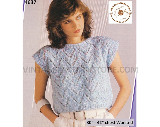 Womens 90s fun quick and easy to knit bold eyelet lace lacy cap sleeve sweater vest jumper pdf knitting pattern 30" to 42" Download 4637