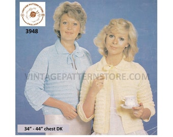 70s Lacy Bed Jacket Knitting Pattern, Collared Cardigan (PDF Chest) 34-44" Bust