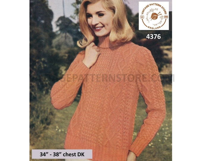Ladies Womens 70s vintage DK polo neck cabled cable and texture panel raglan sweater jumper pdf knitting pattern 34" to 38" Download 4376