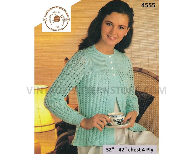 Ladies Womens 80s vintage 4 ply round neck contrast yoke lacy cable striped raglan bed jacket pdf knitting pattern 32" to 42" Download 4555