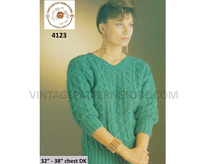 Ladies Womens 90s V neck eyelet lace drop shoulder lacy DK dolman sweater jumper pdf knitting pattern 32" to 38" Instant PDF download 4123