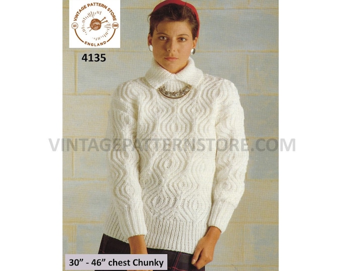 Ladies Womens 90s drop shoulder cable cabled split collar raglan chunky knit sweater jumper pdf knitting pattern 30" to 46" download 4135