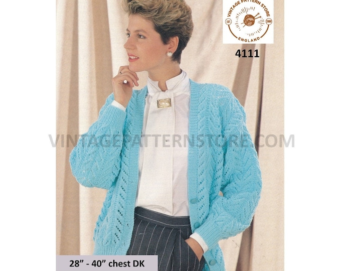 Ladies Womens 90s V neck chevron eyelet lace drop shoulder lacy DK dolman cardigan pdf knitting pattern 28" to 40" Instant PDF download 4111