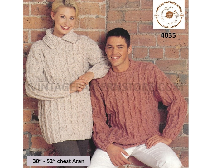 Womens Mens 90s cable cabled drop shoulder extra large plus size oversized aran sweater jumper pdf knitting pattern 30" to 52" download 4035