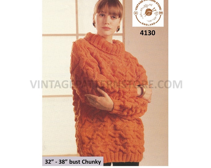 Ladies Womens 90s cowl neck chunky knit cabled drop shoulder slouchy dolman sweater jumper pdf knitting pattern 32" to 38" Download 4130