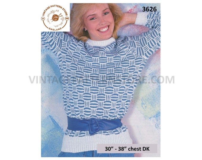 Ladies Womens 80s vintage round neck fair isle DK raglan sweater jumper pdf knitting pattern 30" to 38" chest Instant PDF download 3626