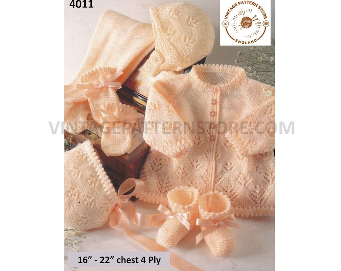 Baby Babies 4 ply pram set picot lace matinee coat jacket bonnet booties helmet & mittens pdf knitting pattern 16" to 22" PDF download 4011